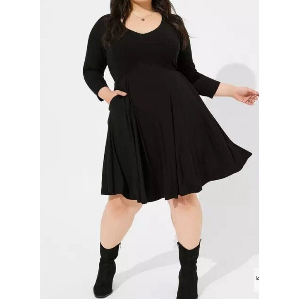 Torrid Mini Foxy Rib Fit And Flare Dress Black V-Neck Stretch 40836515 Womens 2X